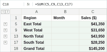 Grouped Excel sheet collapsed to show only the region totals