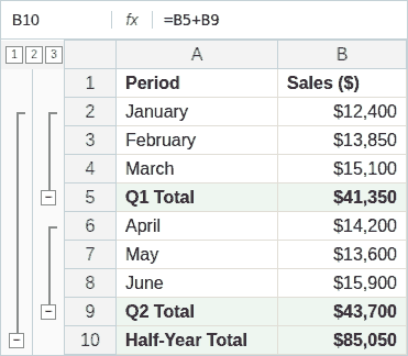Two-level Excel outline with quarter groups inside a half-year group