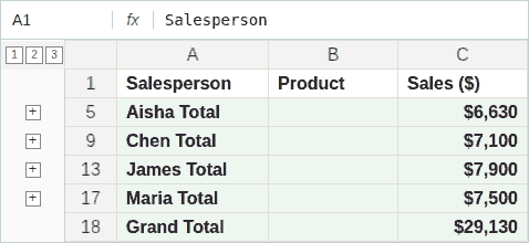 Subtotal result grouped by salesperson and collapsed to show only the totals