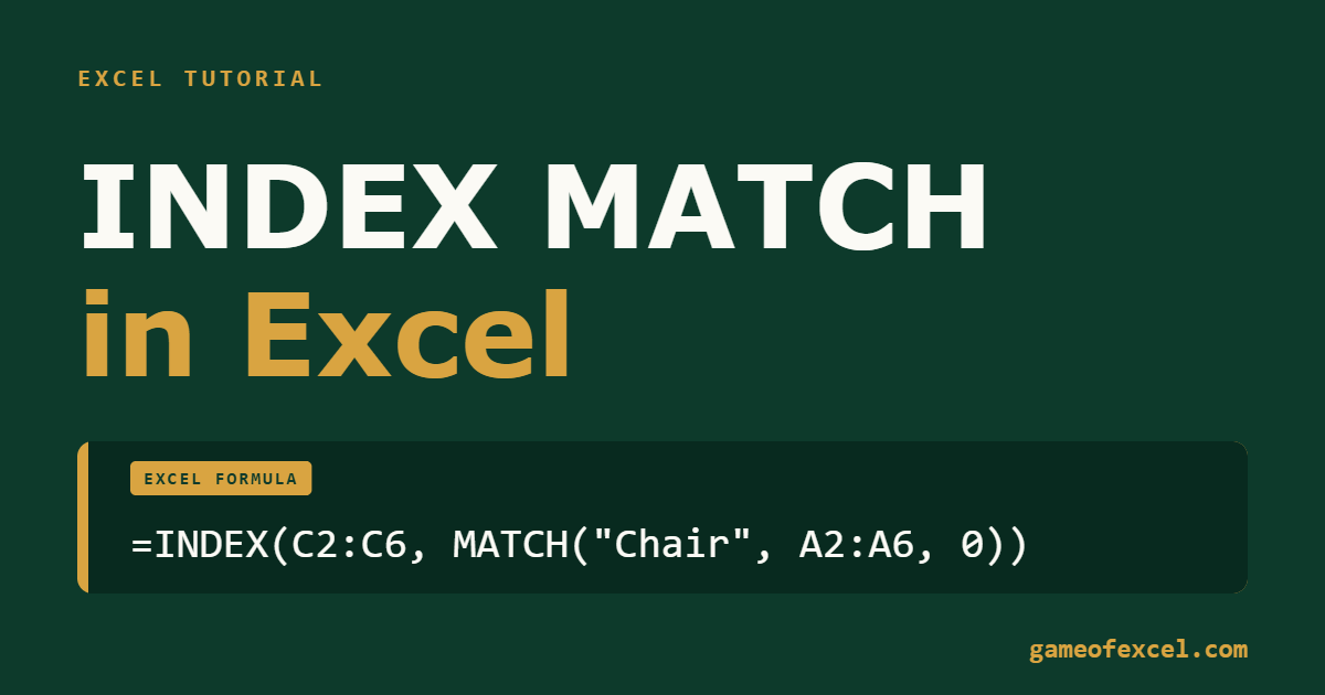 INDEX MATCH in Excel with the formula =INDEX(C2:C6, MATCH("Chair", A2:A6, 0))